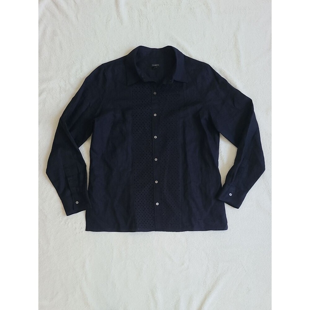 Talbots 100% Linen Navy Eyelet-Detail Button Front Shirt Medium Coastal Grandma